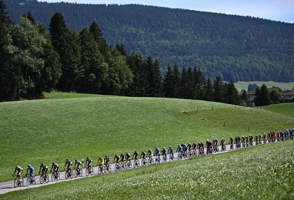 The pack of riders cycles past green pastures in Switzerland during the 8th stage of the 109th edition of the of the Tour de France cycling race 1863 km between Dole in eastern France and Lausanne in Switzerland on July 9 2022 Photo by AnneChristine POUJOULAT AFP Photo by ANNECHRISTINE POUJOULATAFP via Getty Images