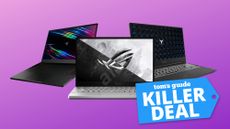 Three laptops shown against purple backdrop