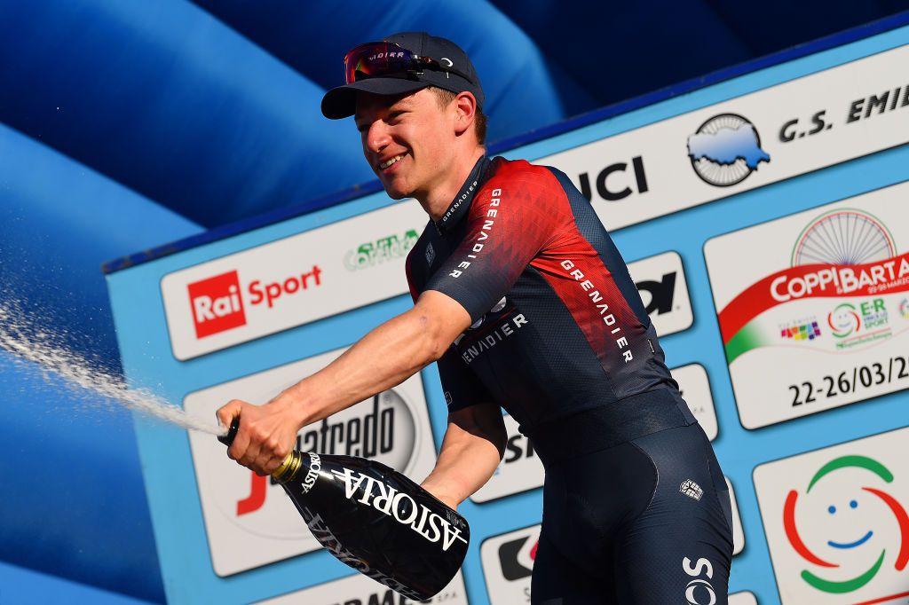 LONGIANO ITALY MARCH 23 Ethan Hayter of United Kingdom and Team INEOS Grenadiers celebrates winning the stage on the podium ceremony after the 36th Settimana Internazionale Coppi e Bartali 2022 Stage 2 a 1659km stage from Riccione to Longiano 156m CoppieBartali on March 23 2022 in Longiano Italy Photo by Dario BelingheriGetty Images