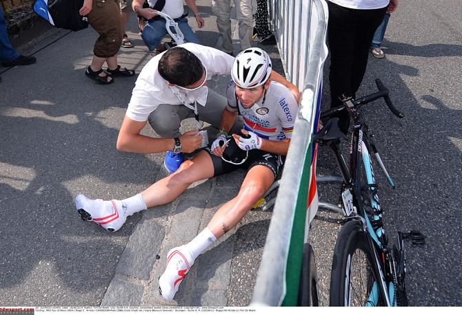 Mark Cavendish (Omega Pharma-Quickstep) on the ground after a crash in the sprint