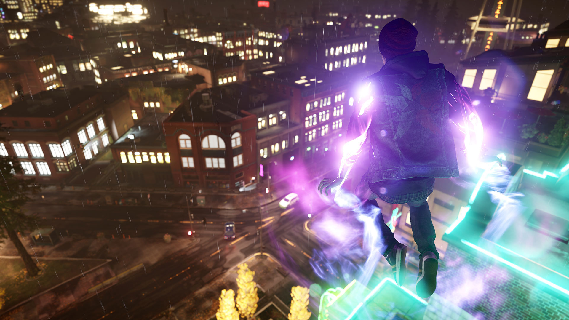 Infamous Second Son, protagonist Delsin using his powers and looking down on the city from a rooftop - Best Ps4 Pro games