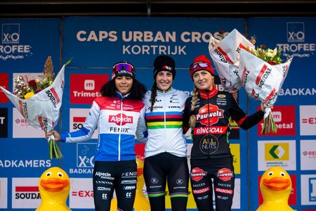 Dutch Ceylin Del Carmen Alvarado Dutch Lucinda Brand and Dutch Denise Betsema pictured on the podium after the womens elite race of the Urban Cross Kortrijk cyclocross cycling event on Saturday 27 November 2021 in Kortrijk the second stage in the X2O Badkamers Trofee Veldrijden competition BELGA PHOTO KRISTOF VAN ACCOM Photo by KRISTOF VAN ACCOMBELGA MAGAFP via Getty Images