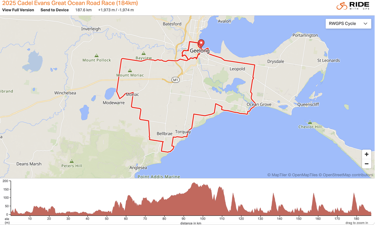 Map and elevation profile for men's 2025 Cadel Evans Great Ocean Road Race