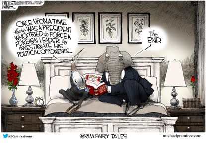 Political Cartoon U.S. Dems and GOP read bedtime story Trump impeachment
