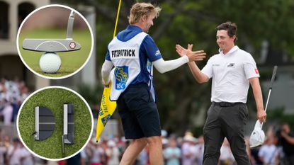 Matt Fitzpatrick and his caddie celebrate winning the RBC Heritage and two inset photos of his Bettinardi putter