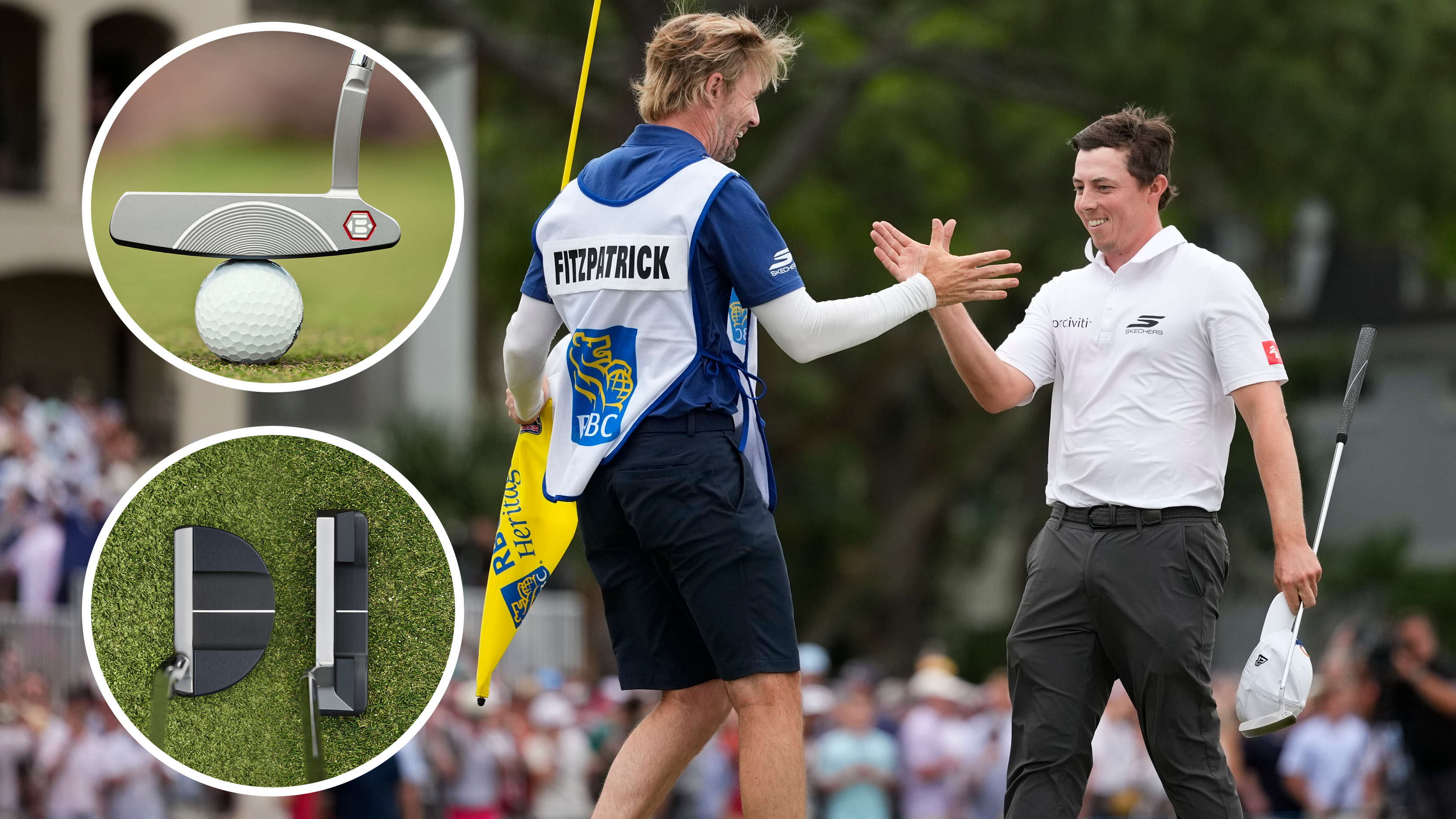 Matt Fitzpatrick and his caddie celebrate winning the RBC Heritage and two inset photos of his Bettinardi putter