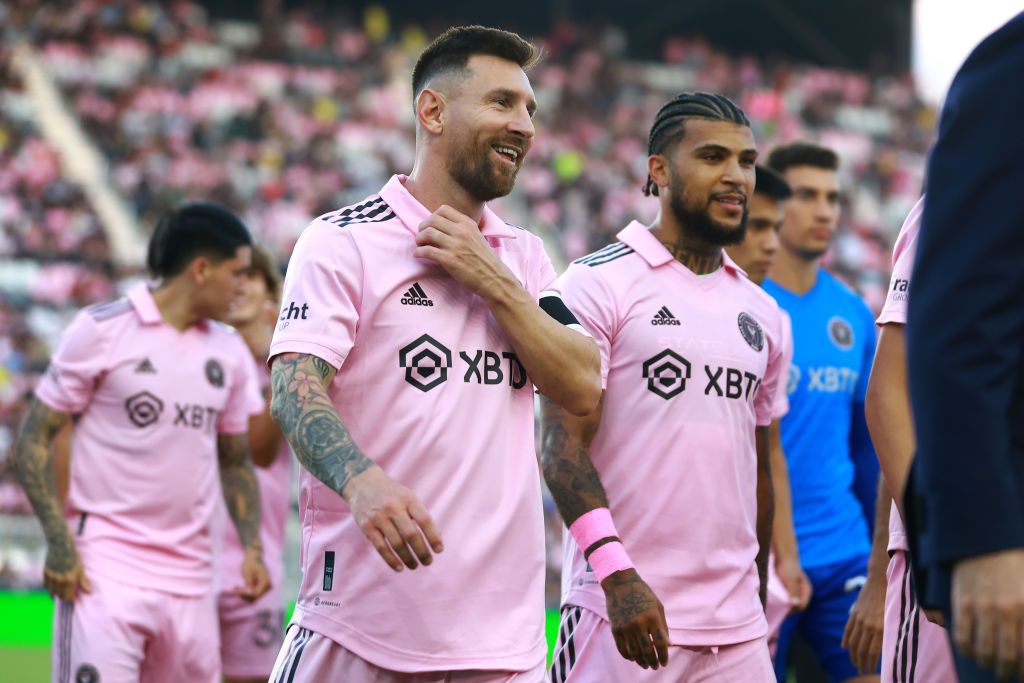 ionel Messi #10 and DeAndre Yedlin #2 of Inter Miami CF react prior to a match between Nashville SC and Inter Miami CF at DRV PNK Stadium on August 30, 2023 in Fort Lauderdale, Florida