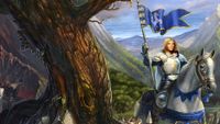 A paladin rides a white horse