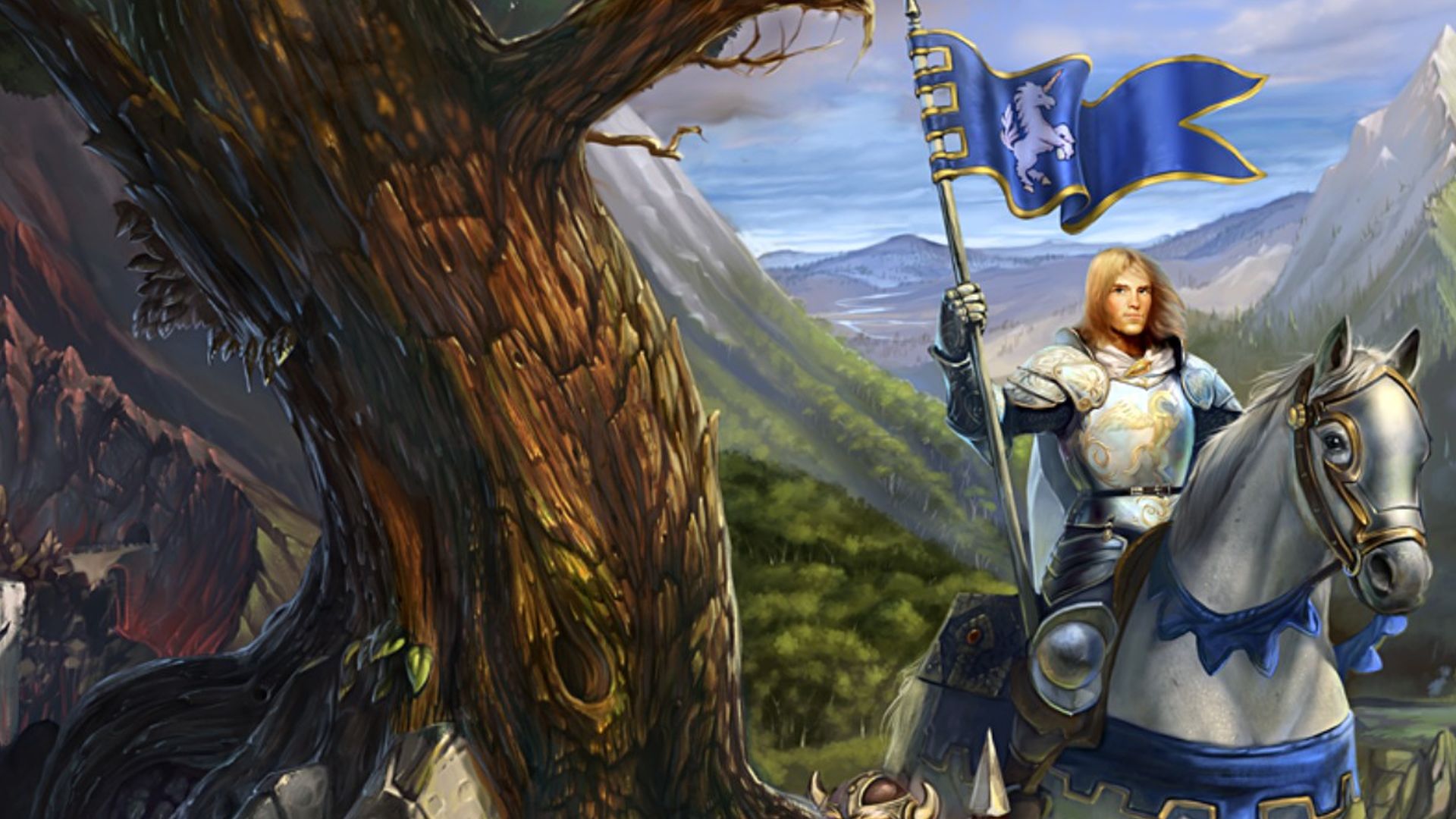A paladin rides a white horse