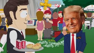 Screenshot of Donald Trump's head on an animated body in a famous scene from South Park.