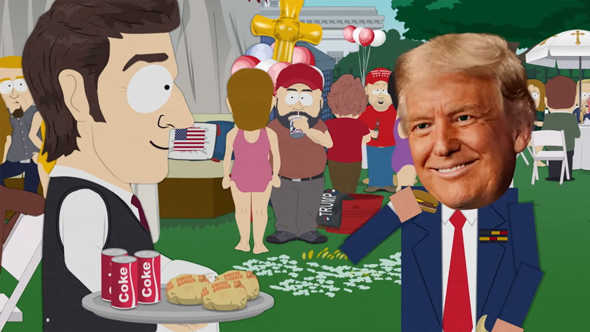 Screenshot of Donald Trump's head on an animated body in a famous scene from South Park.