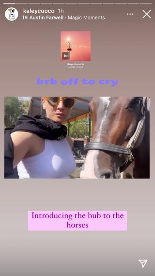 Kaley Cuoco introducing the horses to her baby.