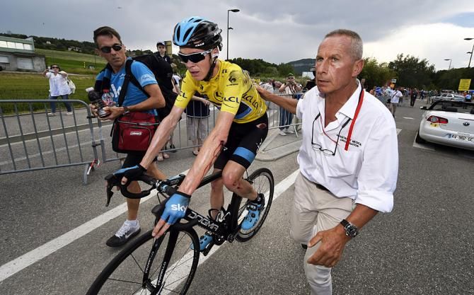 Chris Froome (Team Sky) finishes stage six and makes his way over to the podium