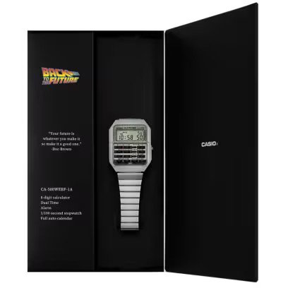 Casio Back to the Future limited edition calculator watch from different angles