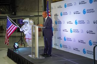 Houston Mayor Sylvester Turner delivers remarks at the ceremonial groundbreaking for Collins Aerospace’s new campus at Houston Spaceport on Monday, June 7, 2021 at the Lone Star Flight Museum at Ellington Airport in Houston, Texas.