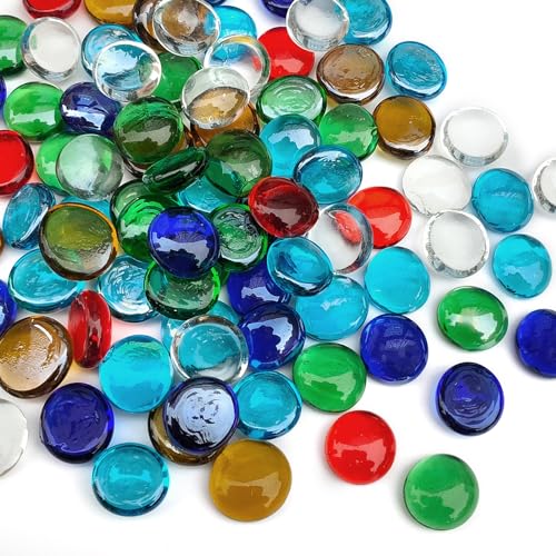 Fantian 1lb Flat Glass Pebbles for Vase, 100 Pcs Glass Gem Stones for Aquarium, Decorative Glass Rocks for Vase Filler Fish Tank Planter Crafts Birdbath and Valentines Day Decor