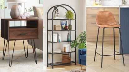 A three panel image of Wayfair Black Friday deals: a Routh 1 - Drawer Nightstand; an Adrianne 72.2'' H x 32.7'' W Etagere Bookcase; a Kody Vegan Leather Bar & Counter Stool 