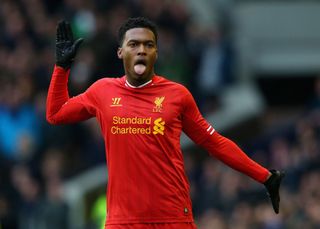 Daniel Sturridge of Liverpool celebrates scoring his team's third goal during the Barclays Premier League match between Everton and Liverpool at Goodison Park on November 23, 2013 in Liverpool, England. (Photo by Alex Livesey/Getty Images)