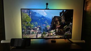 Nanoleaf 4D Screen Mirroring kit set up on a gaming monitor.