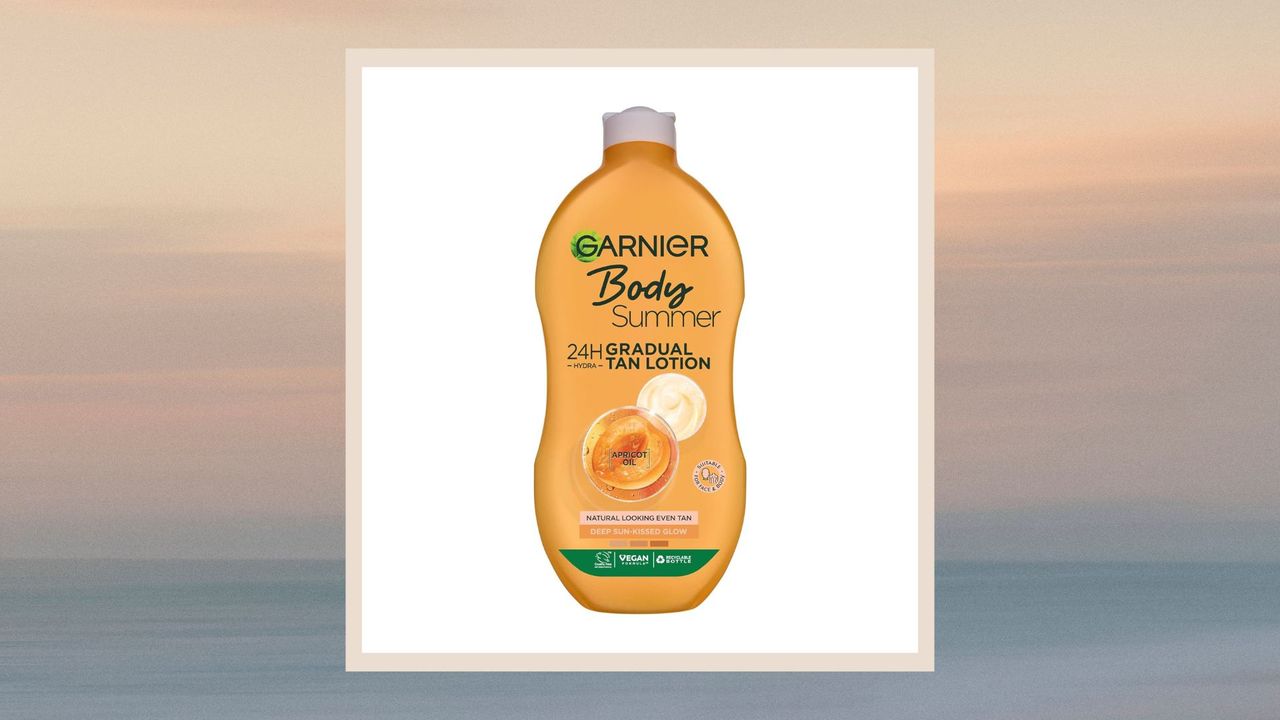 an image of garnier summer body lotion on an ombre background