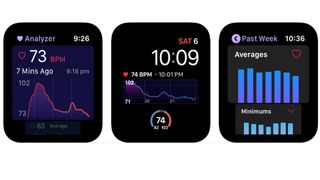 Skjermbilder fra appen Heart Analyzer for Apple Watch.
