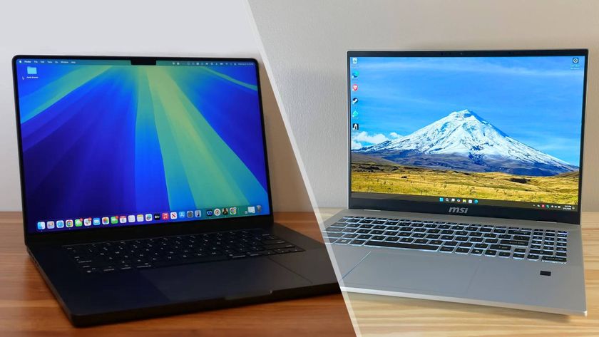 A split image showing the MacBook Pro M4 Pro 16-inch on the left and the MSI Prestige A16 AI+ on the right