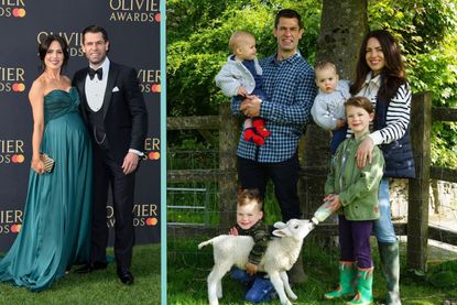 Kelvin Fletcher and his wife Eliza Marsland on red carpet, split layout with Kelvin and Eliza Fletcher and their children on the farm Milo, Marnie, Maximus and Mateusz