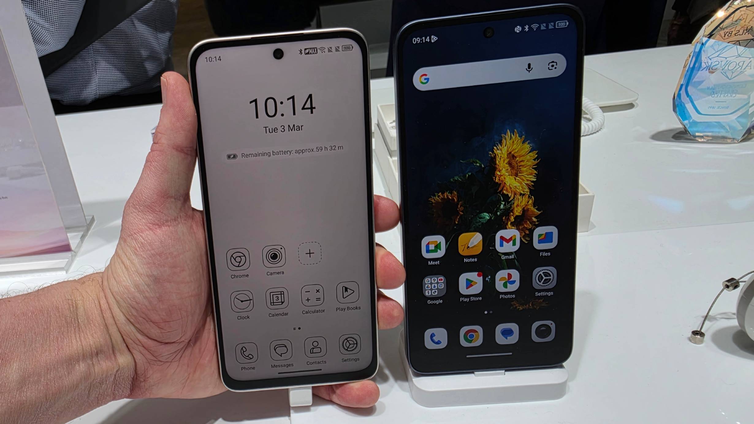 Two TXL Nxtpaper 70 Pro models side by side, one in E-Ink mode and the other not.