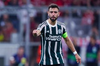  Bruno Fernandes of Manchester United looks on during the UEFA Champions League match between FC Bayern München and Manchester United at Allianz Arena on September 20, 2023 in Munich, Germany. (Photo by NESimages/Geert van Erven/DeFodi Images via Getty Images)