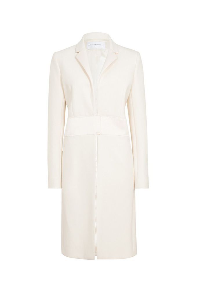 Clothing, White, Coat, Outerwear, Dress, Trench coat, Beige, Sleeve, Collar, Formal wear,