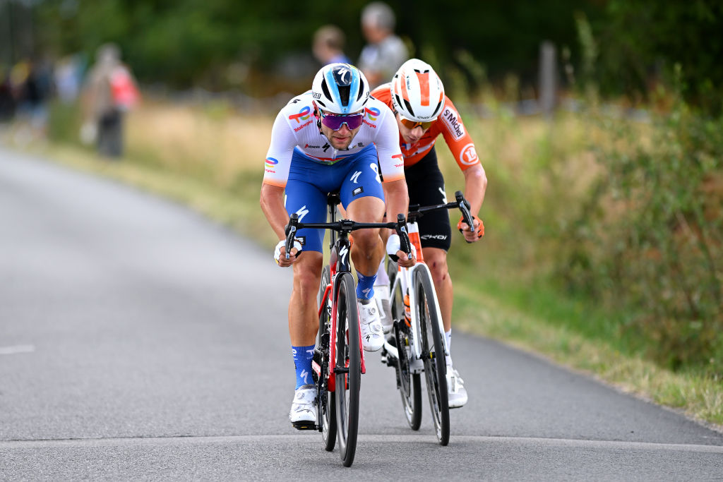 LIMOGES FRANCE AUGUST 19 LR Sandy Dujardin of France and Team Total Energies and Morne Van Niekerk of South Africa and Team St Michel Auber 93 compete in the breakaway during the 55th Tour du Limousin Nouvelle Aquitaine 2022 Stage 4 a 1748km stage from Saint Laurent sur Gorre to Limoges 289m TDL2022 on August 19 2022 in Limoges France Photo by Dario BelingheriGetty Images