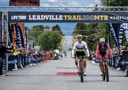 Keegan Swenson reacts to winning the sprint against Matt Wilson at 2026 Leadville Trail 100 MTB 