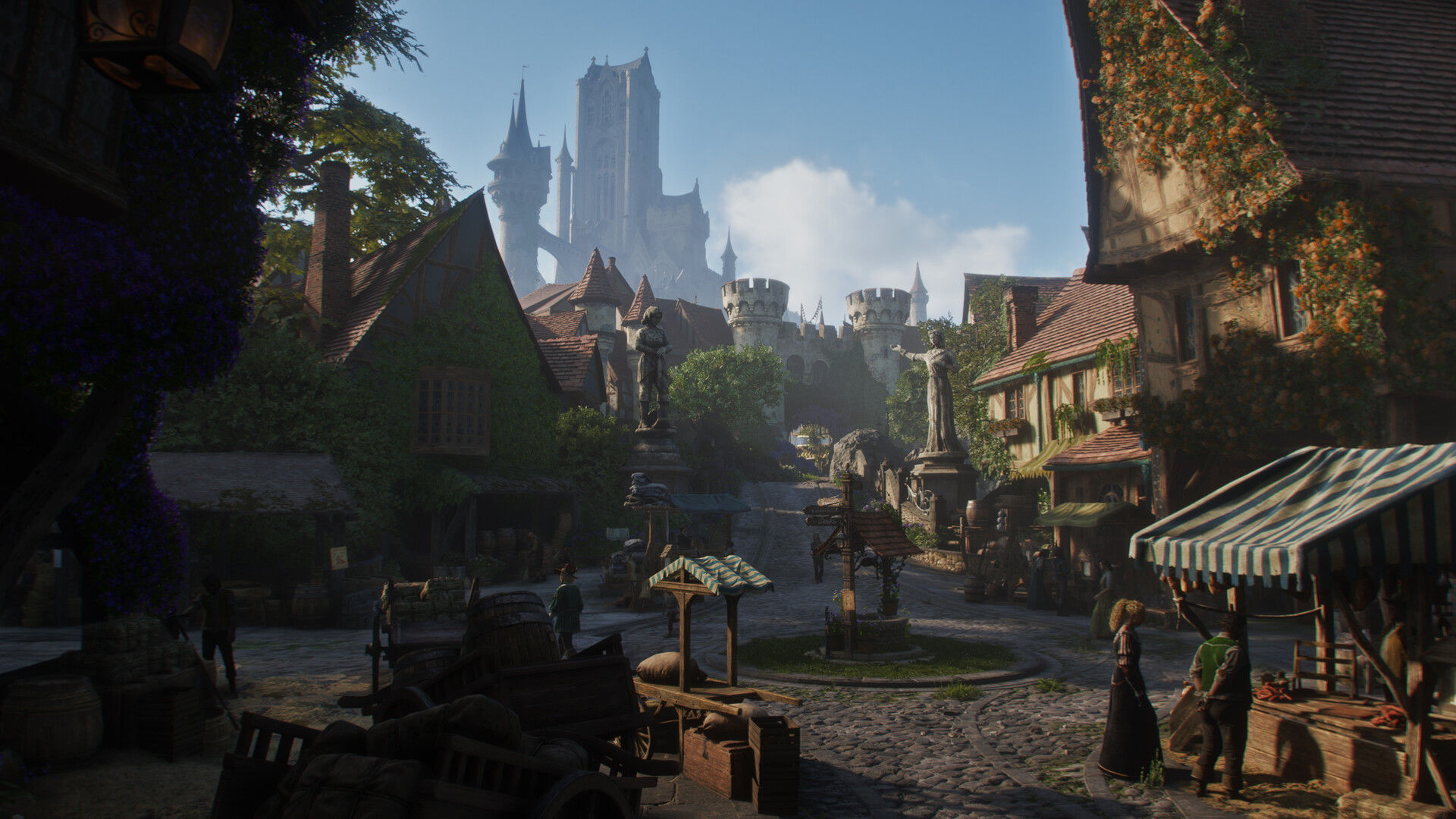 A bustling town market beneath a looming castle in Fable