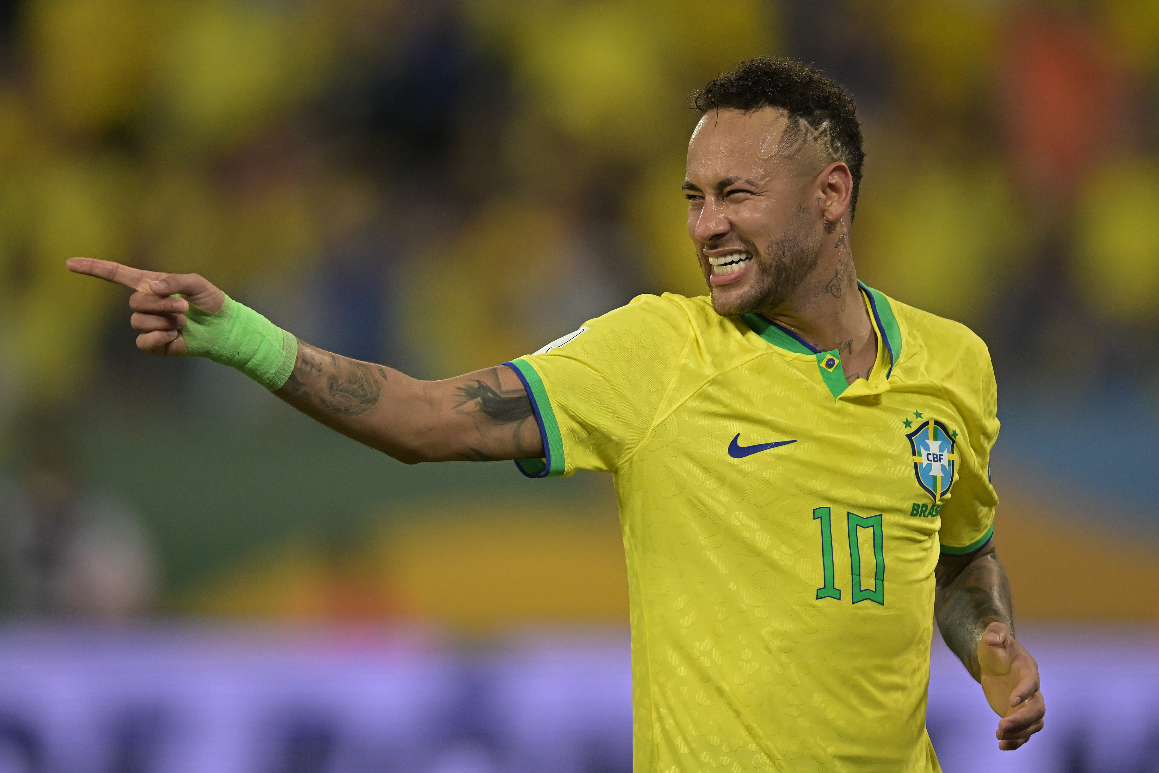 Neymar celebrates a goal for Brazil against Venezuela in October 2023.