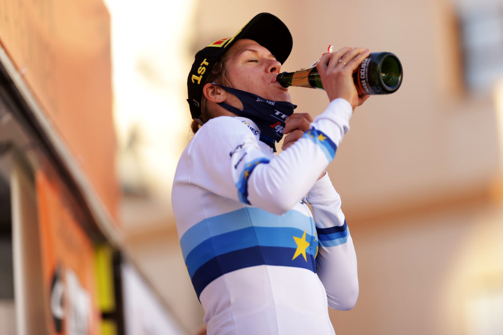 COCENTAINA SPAIN FEBRUARY 18 Ellen Van Dijk of Netherlands and Team Trek Segafredo celebrates winning the stage second on the podium ceremony after the 6th Setmana Ciclista Valenciana Vuelta Comunidad Valenciana Feminas 2022 Stage 2 a 117km stage from Altea to Cocentaina 450m VoltaCVFemines22 on February 18 2022 in Cocentaina Spain Photo by Gonzalo Arroyo MorenoGetty Images