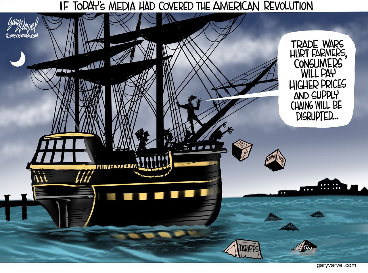 Political Cartoon U.S. trade war media Boston tea party