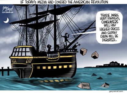 Political Cartoon U.S. trade war media Boston tea party