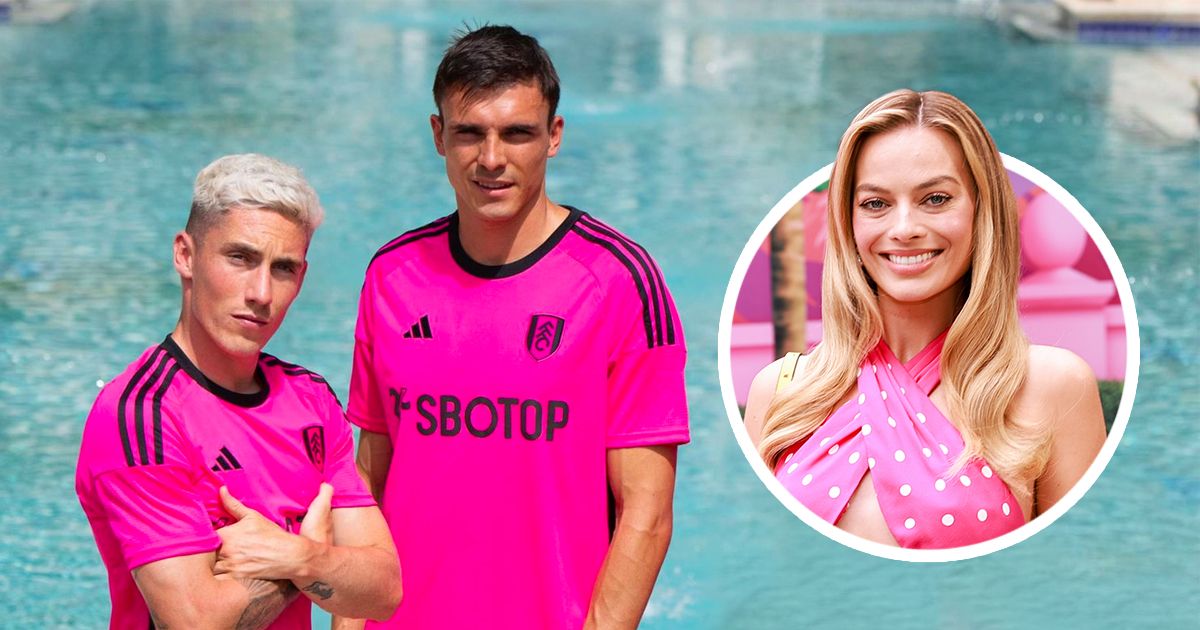 Fulham&#039;s new away kit, with Margot Robbie in Barbie inset