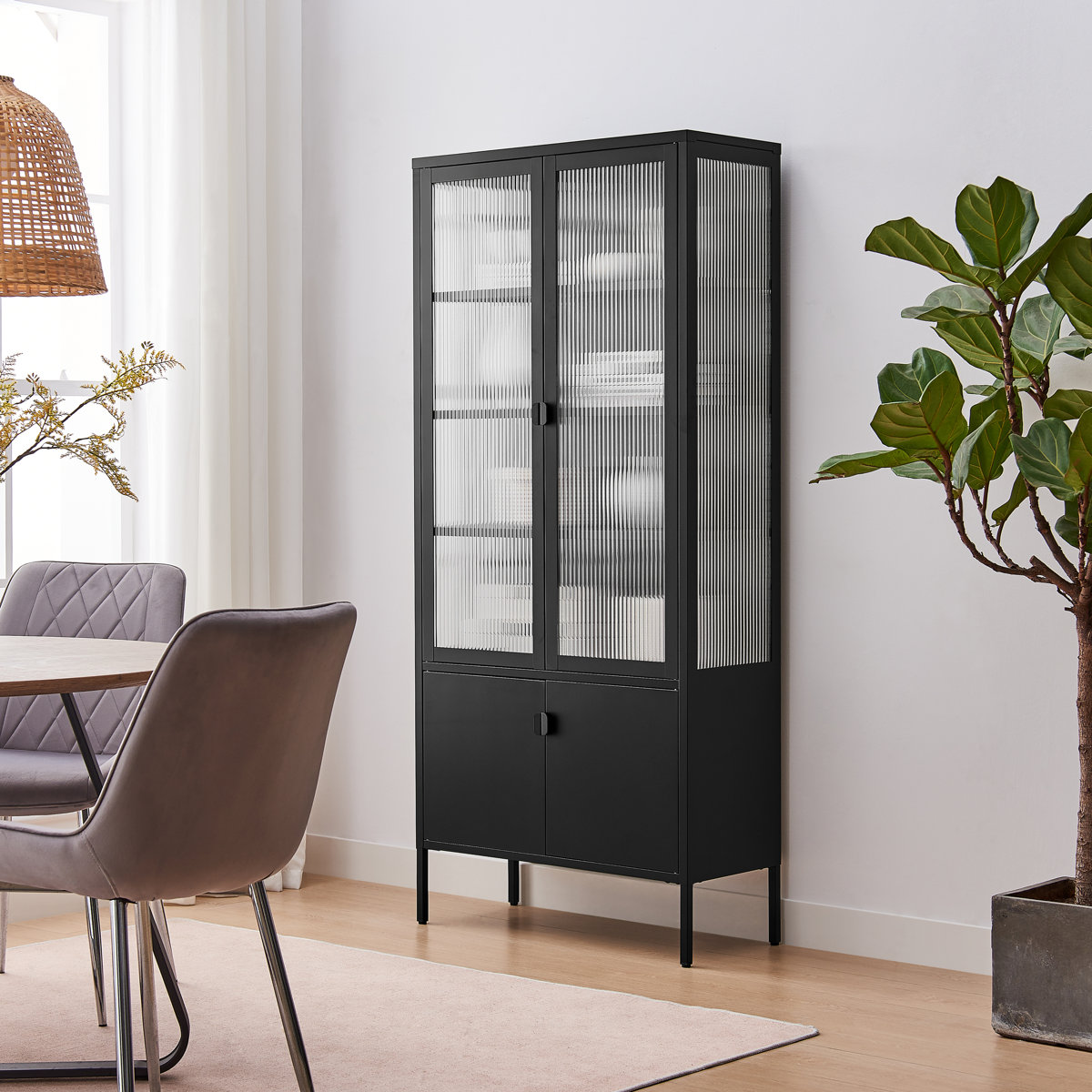 17 Stories Natinal Tall Boy Metal &amp;amp; Fluted Glass Display Cabinet - Sleek Modern Design &amp;amp; Reviews | Wayfair.co.uk