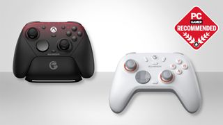 Two GameSir PC gaming controllers on a silver and white gradient background, with the "PC Gamer Recommended" badge in the top right