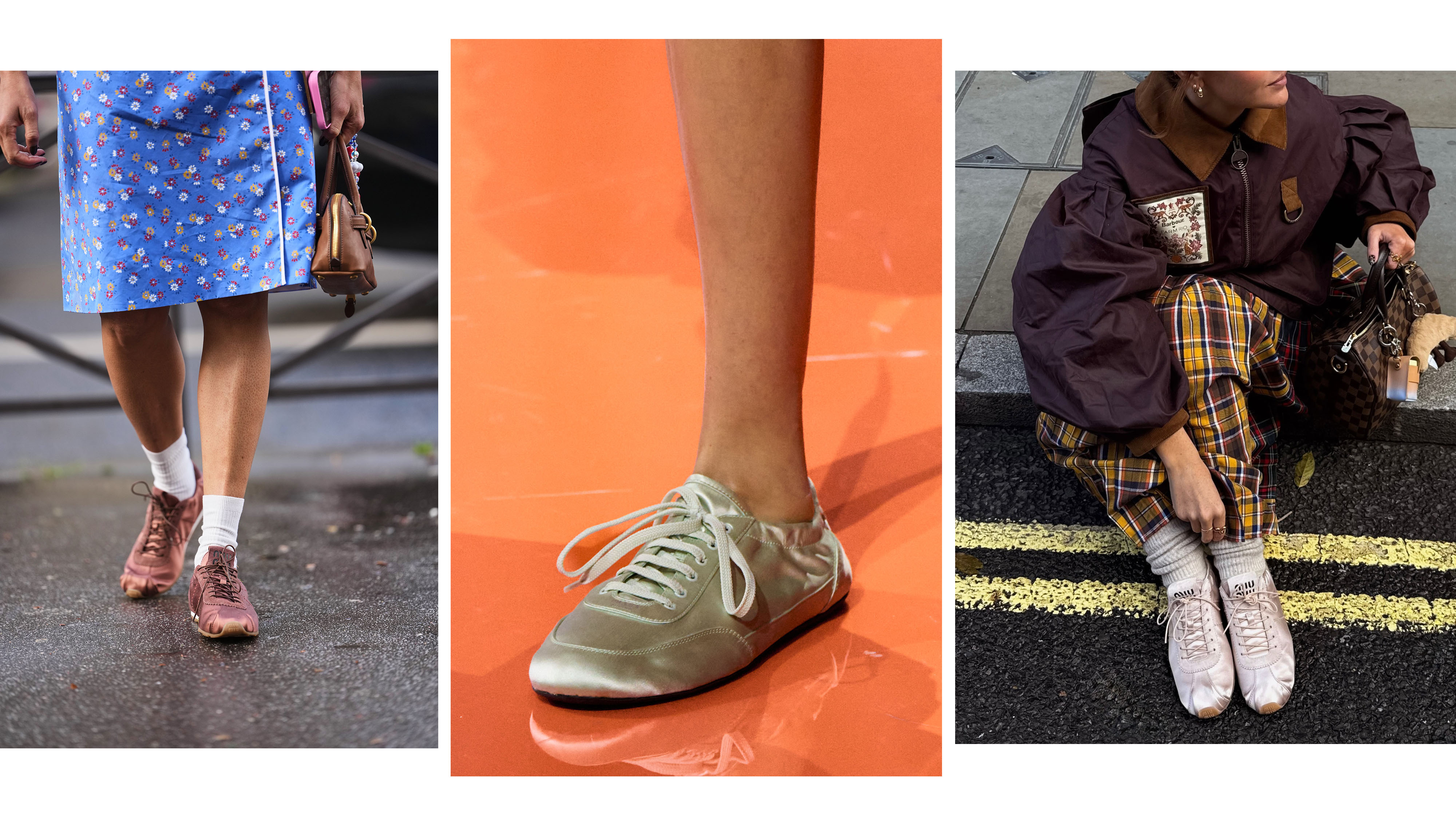 Women wearing satin sneakers