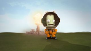 An image of Jebediah Kerman from Kerbal Space Program, standing in front of a detonating rocket.