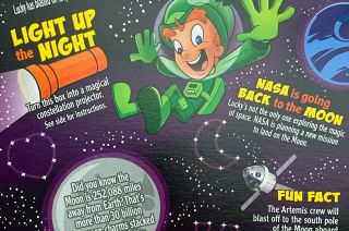 Boxes of Galactic Lucky Charms features fun facts about NASA's Artemis program and Space Launch System (SLS).