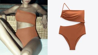 zara asymmetric swimsuit flat lay and on model