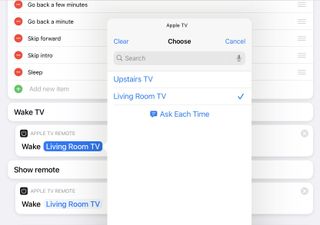 Cropped screenshot showing an Apple TV action with a menu specifying which TV on the network.