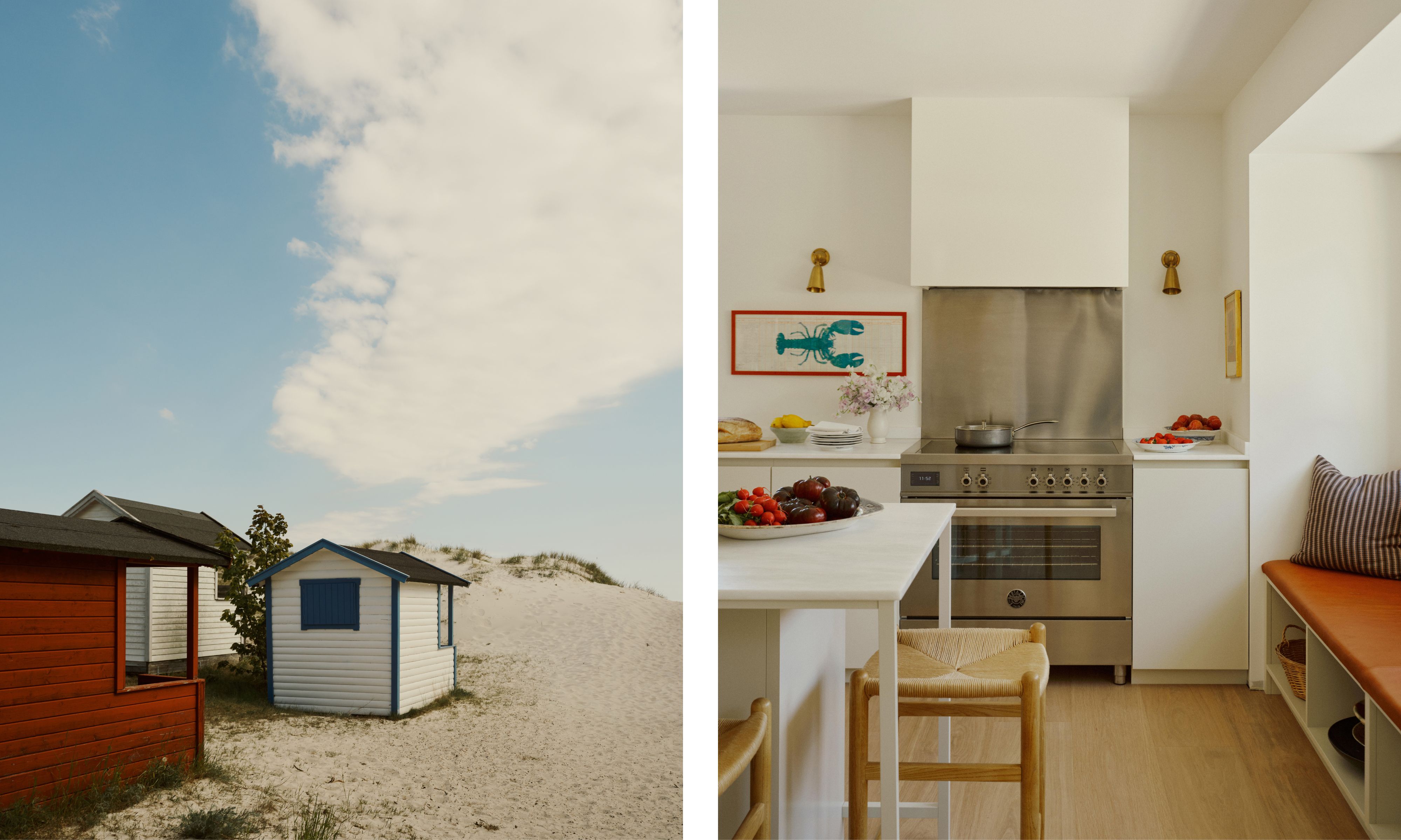 two side by side images of a swedish beach house with a white and stainless steel kitchen and a collection of cabins on the sand