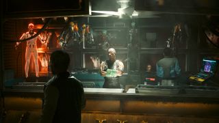 A cyberware market vendor standing at his stall in Cyberpunk 2077.