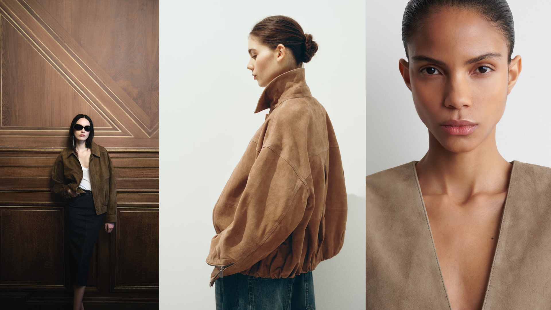 models side by side, from Nour Hammour, H&amp;M and Cos wearing suede jackets