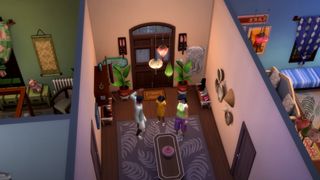 A family gather in the hallway in The Sims 4