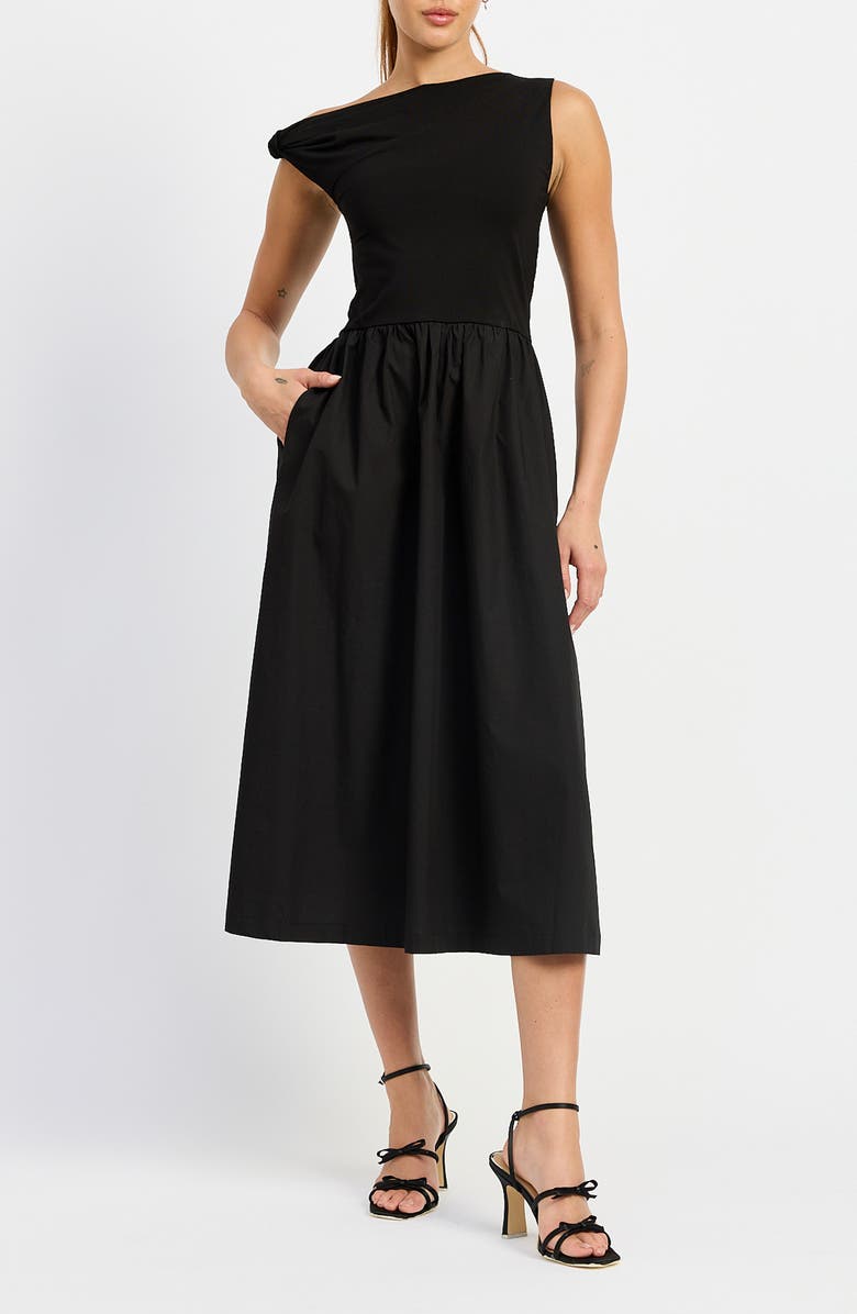 Mixed Media Asymmetric Neck Midi Dress